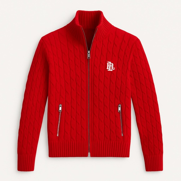 LAUREN Ralph Lauren Red Full Zip-Up Cable Knit Sweater Silver Tone Hardware Lg - Picture 1 of 9